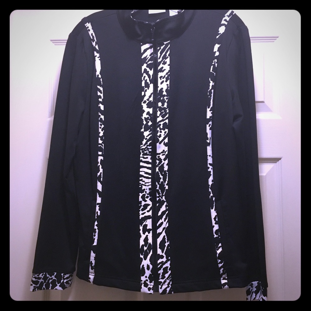Chico’s zip-up jacket in black w/ zebra trim (1)